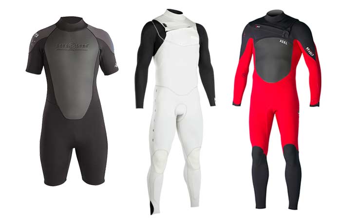 Red, Black-grey and white wetsuits