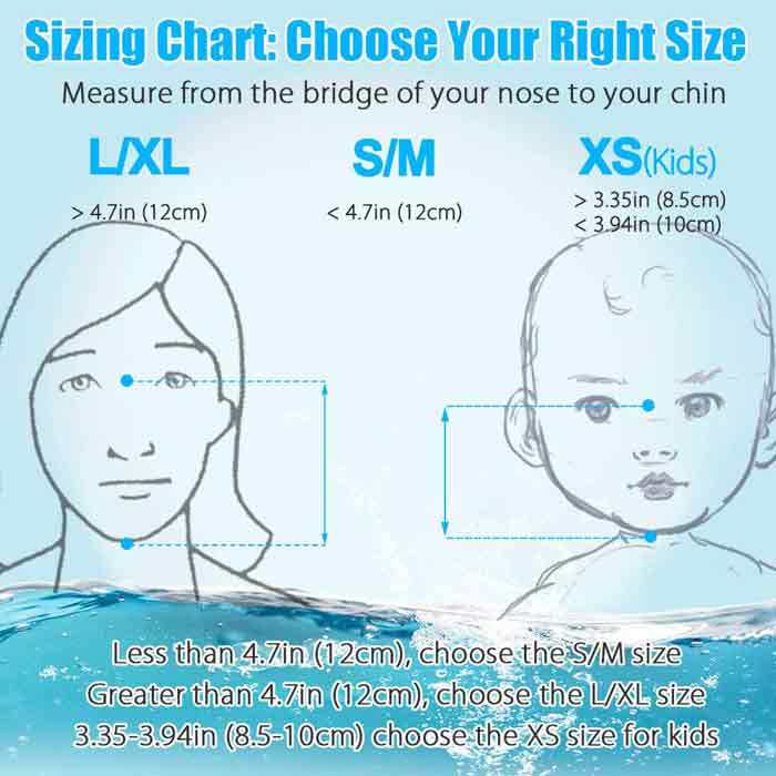 snorkel mask sizing chart for women and kids