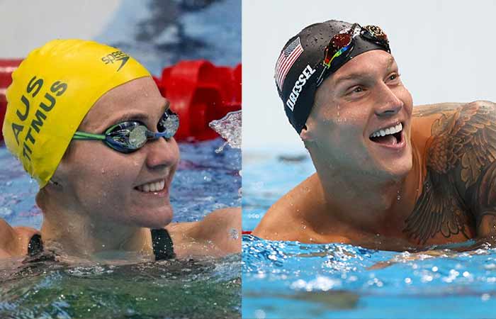 Olympic champion swimmer cover their ear with swim caps